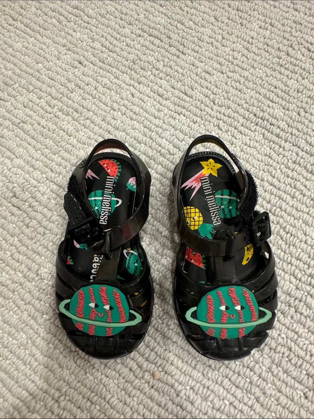 Mini Melissa Black Jelly Sandals with Colorful Planet Appliqués
